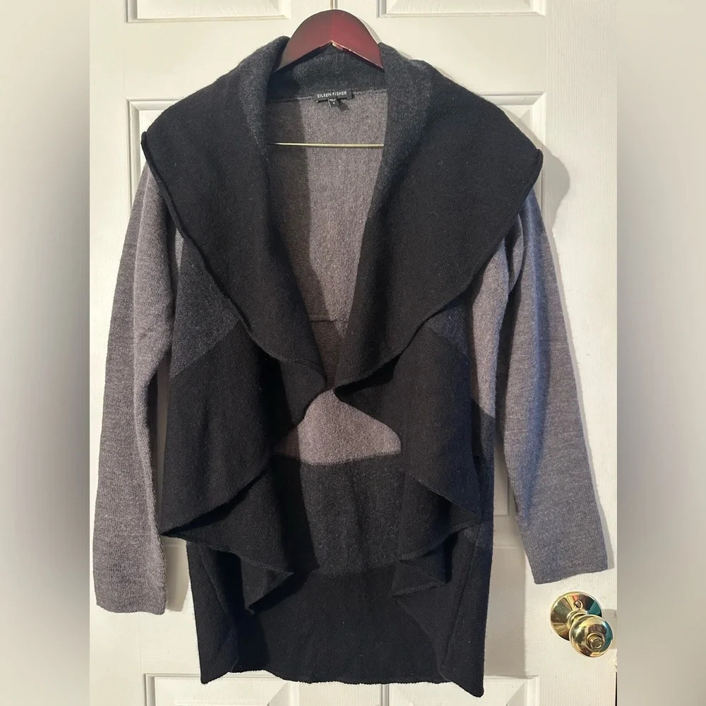 EILEEN FISHER 100% Merino Wool Old Money Sm Gray Open Front Cardigan Waterfall